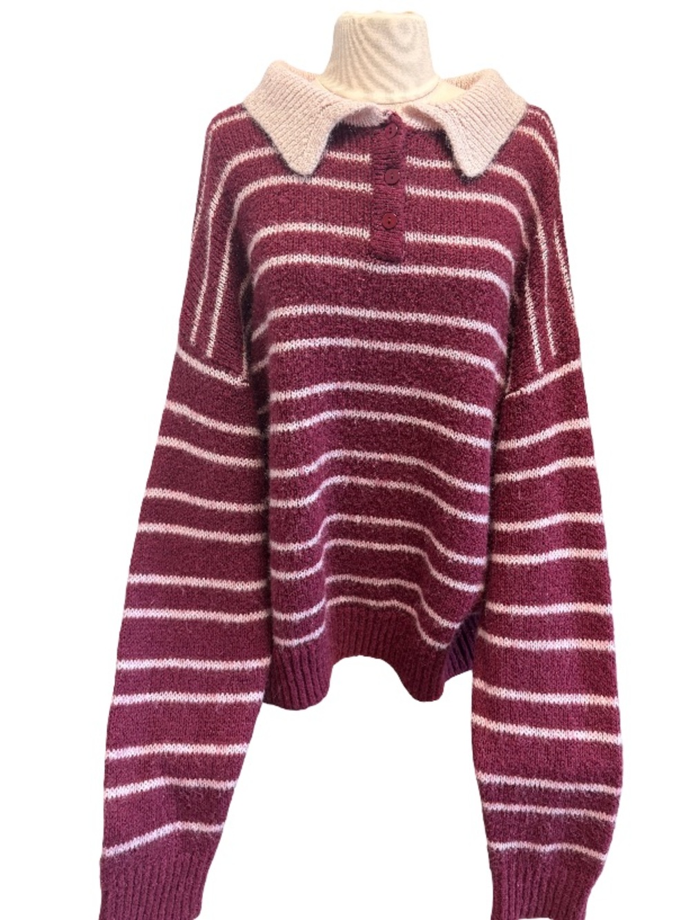 Lioness Wine and Light Pink Striped Polo Collar Sweater